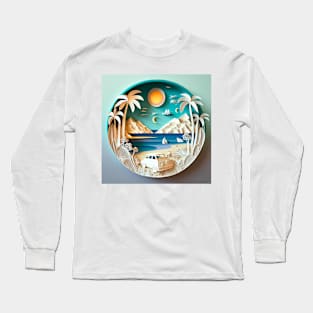 3D Effect Papercut Art - Beach Scene Long Sleeve T-Shirt